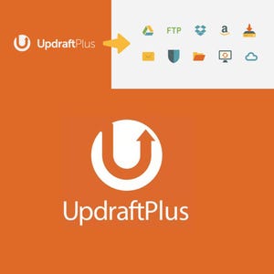 May include: The UpdraftPlus logo features a white "U" with an upward arrow on an orange background. Additional icons for FTP, cloud storage, and email are also present. The text "UpdraftPlus" is displayed below the logo in white.