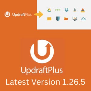 以下が含まれることがあります： UpdraftPlusのロゴは、オレンジ色の背景に白い円形の矢印アイコンとUpdraftPlusおよびLatest Version 1.26.5というテキストが配置されています。白い枠内には、Google Drive、FTP、Dropbox、Amazonなどのカラフルなアイコンが表示されています。