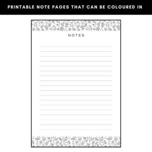 May include: Printable note pages with a black and white border of mushrooms, leaves, and other nature-themed illustrations. The pages are lined and have the word "NOTES" at the top.