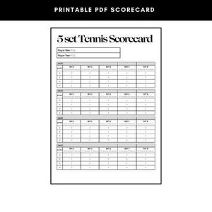 May include: A black and white printable PDF tennis scorecard. The scorecard is designed for a 5-set match and includes spaces for player names, dates, and scores for each set. The text "PRINTABLE PDF SCORECARD" is at the top.