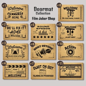 May include: A set of 11 doormats with a film theme. Each doormat features a different design with text and graphics related to filmmaking. The doormats are brown and have a textured surface.