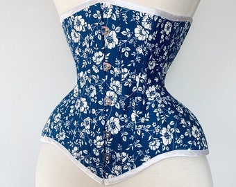 22” Bohemian blue Edwardian tightlacing, waist training, shapewear, steel boned, lingerie boudoir corset boho shabby chic