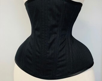 Corset d'entraînement à la taille coutil anglais noir de 20 pouces à côtes coniques. Excellent corset pour débutant. Sous-vêtements amincissants, mariée, mariage