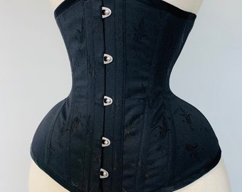 24” Black Floral broche coutil tightlacing waist training corset daily wear steel boned shapewear lingerie