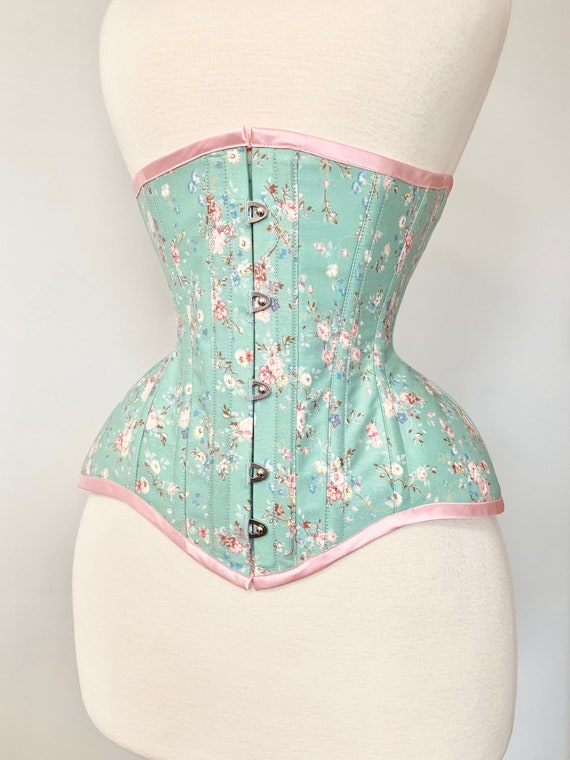 22” Whimsical tea party corset boho shabby chic conical rib tightlacing,  waist training, shapewear, undergarment, under bust corset