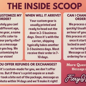 A graphic with four sections of text on a dark purple background, titled "THE INSIDE SCOOP", detailing customization, shipping, returns, and exchanges in white text.