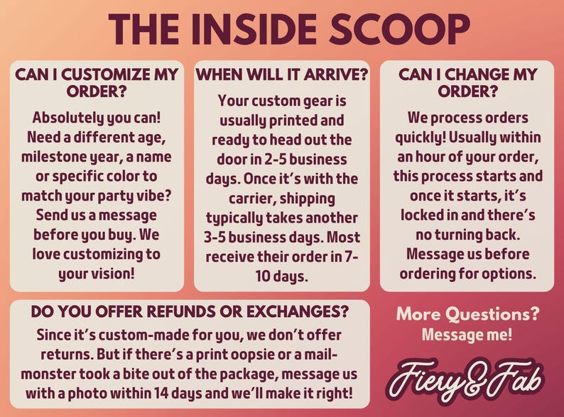 A graphic with four sections of text on a dark purple background, titled "THE INSIDE SCOOP", detailing customization, shipping, returns, and exchanges in white text.