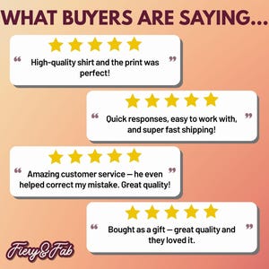 Four speech bubbles with five-star ratings and positive customer reviews, such as "High-quality shirt and the print was perfect!".