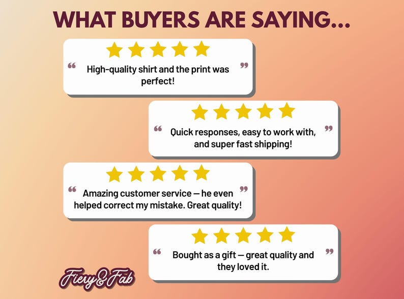 Four speech bubbles with five-star ratings and positive customer reviews, such as "High-quality shirt and the print was perfect!".