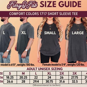 A size guide for Comfort Colors 1717 Short Sleeve Tee, showing models wearing small, medium, large, and extra large shirts, with a chart of measurements.