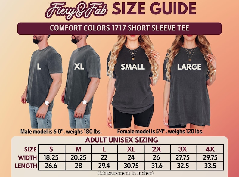 A size guide for t-shirts, showing two male models wearing small and large shirts, two female models wearing small and large shirts, and a chart with adult unisex sizing from S to 4X.