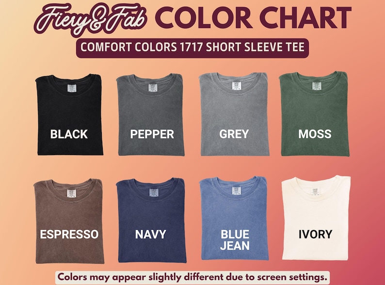 A color chart displaying eight t-shirt colors: Black, Pepper, Grey, Moss, Espresso, Navy, Blue Jean, and Ivory.