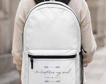 Christian Backpack Psalm 23:3 | He Restores My Soul Faith Bag | Minimal White Backpack | Scripture Gift for Women