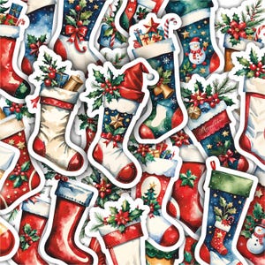 Christmas Stocking Sticker Pack of 30 - Cute Holiday Stickers for Gift Wrapping and Scrapbooking - Aesthetic Stickers - Xmas Stickers