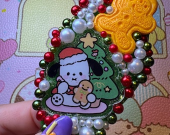 Kawaii Charm Motel Keychain: Holiday Pochacco Gingerbread Emerald