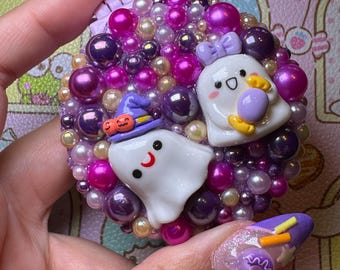 Kawaii Charm Mini Hair Brush & Mirror Compact - Purple Ghosts