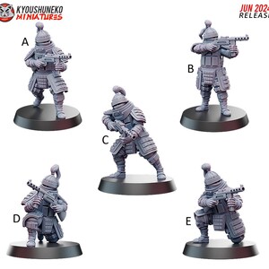 May include: A collection of five gray miniature figurines of armored soldiers, each holding a rifle. The figurines are on black circular bases. The text "JUN 2024 RELEASE" is in the upper right corner. The logo "KYOUSYUNEKO MINIATURES" is in the upper left corner.