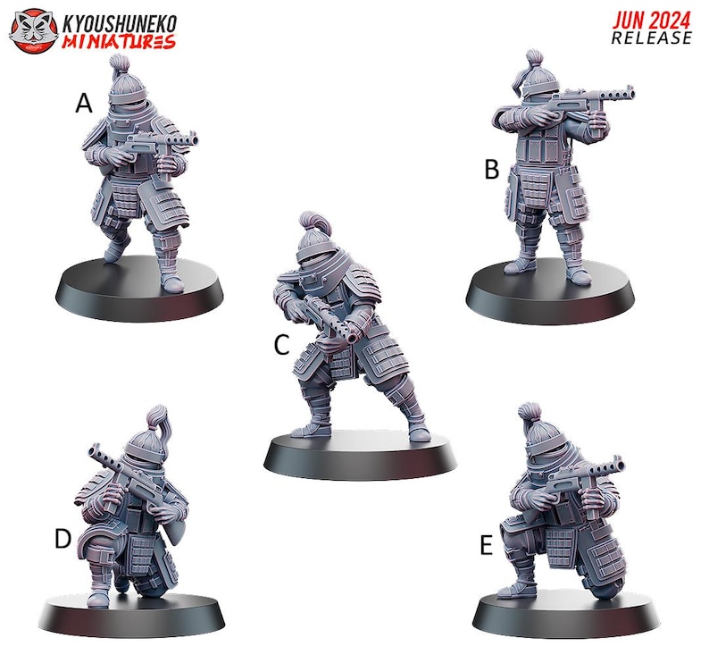 May include: A collection of five gray miniature figurines of armored soldiers, each holding a rifle. The figurines are on black circular bases. The text "JUN 2024 RELEASE" is in the upper right corner. The logo "KYOUSYUNEKO MINIATURES" is in the upper left corner.