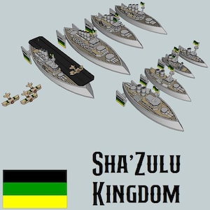 Puede incluir: Una flota de buques de guerra grises y blancos con banderas negras y verdes, etiquetados como "SHA'ZULU KINGDOM". Los buques están dispuestos en línea, con el buque más grande en la parte delantera y el más pequeño en la parte trasera. También hay dos pequeños aviones de madera en la esquina inferior izquierda de la imagen.