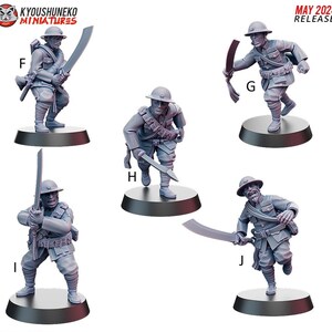 May include: Miniature figurines of soldiers in combat poses, holding swords. The figures are gray and stand on black circular bases. The text "MAY 2024 RELEASE" is in the upper right corner. The logo "KYOUSHUNOKO MINIATURES" is in the upper left corner.