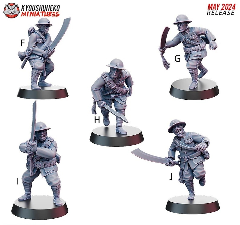 May include: Miniature figurines of soldiers in combat poses, holding swords. The figures are gray and stand on black circular bases. The text "MAY 2024 RELEASE" is in the upper right corner. The logo "KYOUSHUNOKO MINIATURES" is in the upper left corner.