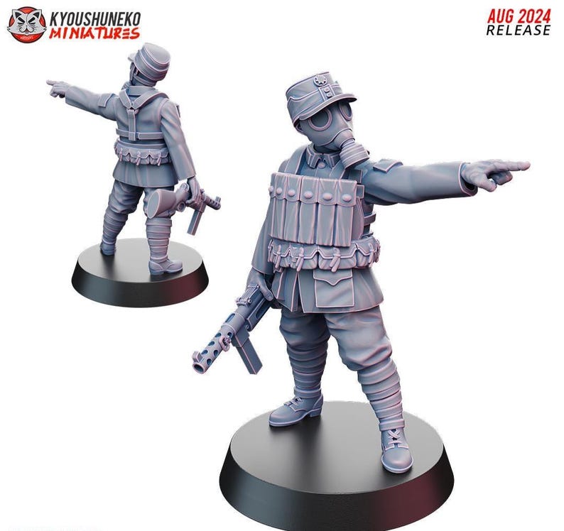 May include: Two gray miniature figurines of soldiers, one wearing a gas mask and the other a helmet, both pointing. They are holding rifles and standing on black circular bases. The text "AUG 2024 RELEASE" is visible.