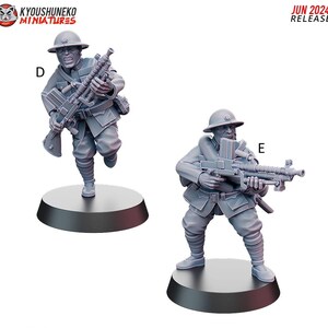 May include: Two gray miniature figures of soldiers, each holding a machine gun. One figure is in a running pose, the other is standing. Both figures wear helmets and uniforms. The figures are on black circular bases. The text "JUN 2024 RELEASE" is in the upper right corner.