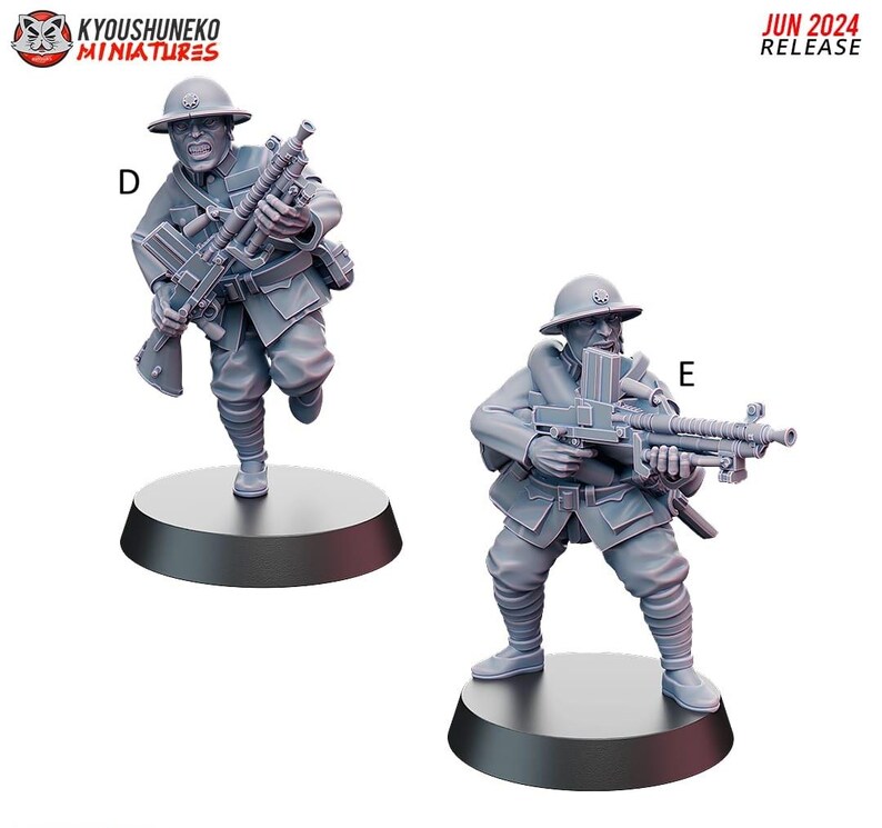 May include: Two gray miniature figures of soldiers, each holding a machine gun. One figure is in a running pose, the other is standing. Both figures wear helmets and uniforms. The figures are on black circular bases. The text "JUN 2024 RELEASE" is in the upper right corner.