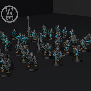 Op de afbeelding: Een groep van 25 blauwe en grijze miniatuurfiguren met verschillende wapens en een groene vlag. De figuren staan op zwarte bases.