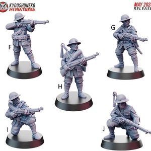 May include: Miniature figurines of soldiers in various poses, holding rifles. The figures are wearing helmets and uniforms, and are mounted on black circular bases. The text "MAY 2024 RELEASE" is in the upper right corner.