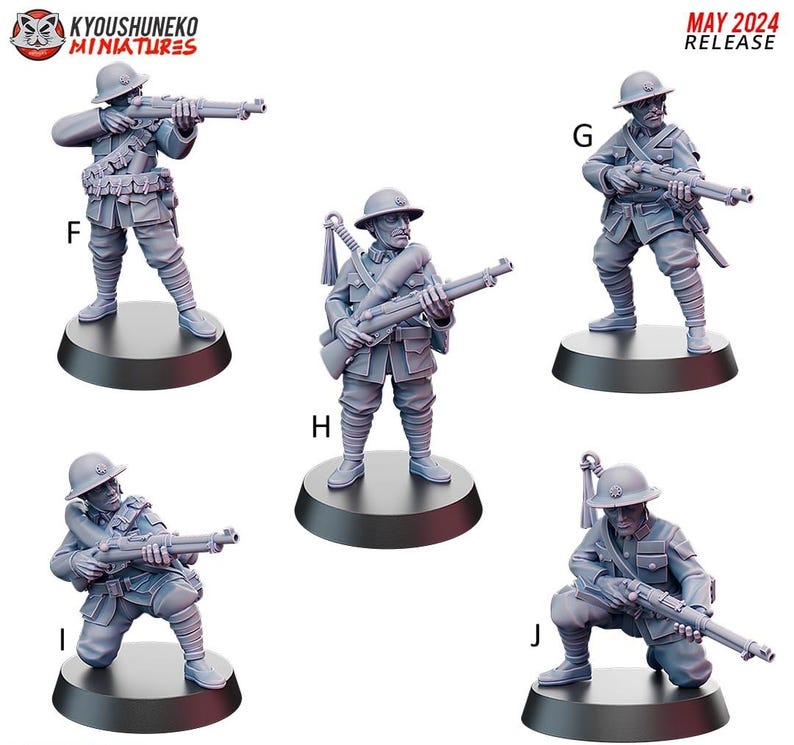 May include: Miniature figurines of soldiers in various poses, holding rifles. The figures are wearing helmets and uniforms, and are mounted on black circular bases. The text "MAY 2024 RELEASE" is in the upper right corner.