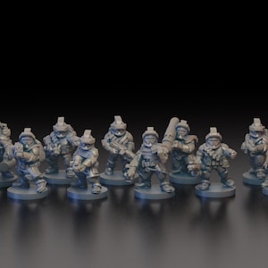 May include: A group of 15 grey plastic miniature figures of soldiers, each standing on a round base. The figures are posed in various combat stances, holding weapons such as rifles and grenades.