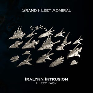 Può includere: Una collezione di modelli di navicelle spaziali argentate in miniatura, con vari design e dimensioni, disposti su uno sfondo scuro. Il testo "GRAND FLEET ADMIRAL" e "IRALYNN INTRUSION FLEET PACK" è visualizzato in bianco.