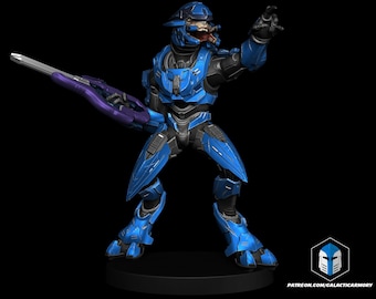 May include: A blue action figure of a futuristic soldier in armor, holding a purple and silver weapon. The figure is posed with one arm raised and the other holding the weapon. The figure is on a black base.
