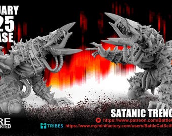 May include: Two grey, detailed, plastic miniatures of a monstrous, bio-mechanical creature with sharp teeth and claws. The creature is called a "Satanic Trench Dog" and is part of a February 2025 release.