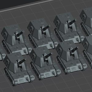 Op de afbeelding: Een verzameling van negen grijze militaire tanks, elk met een groot kanon en een hoekige toren. De tanks zijn gerangschikt in een rasterpatroon op een grijze ondergrond, wat duidt op een model of digitale weergave van militaire voertuigen.