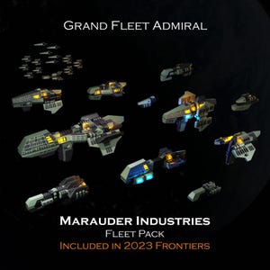 Puede incluir: Imagen de una flota de naves espaciales futuristas, con el texto "GRAND FLEET ADMIRAL" en la parte superior y "MARAUDER INDUSTRIES FLEET PACK" en la parte inferior. Las naves espaciales son de varias formas y tamaños, con detalles verdes y amarillos.