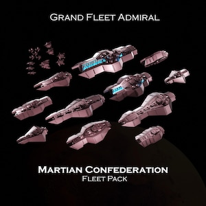 Puede incluir: Ilustración digital de una flota de naves espaciales en tonos rosa y gris sobre un fondo negro. El texto "GRAND FLEET ADMIRAL" y "MARTIAN CONFEDERATION FLEET PACK" está presente. Las naves varían en tamaño y diseño.