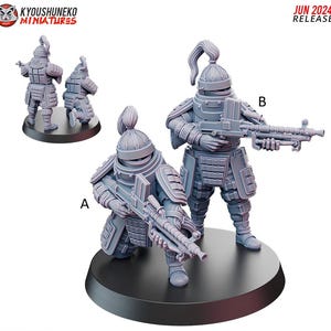 May include: Miniature figures of armored warriors with machine guns. The figures are gray and stand on a black base. The figures are labeled A and B. The text "JUN 2024 RELEASE" is in the upper right corner. The logo "KYOUSUNEKO MINIATURES" is in the upper left corner.
