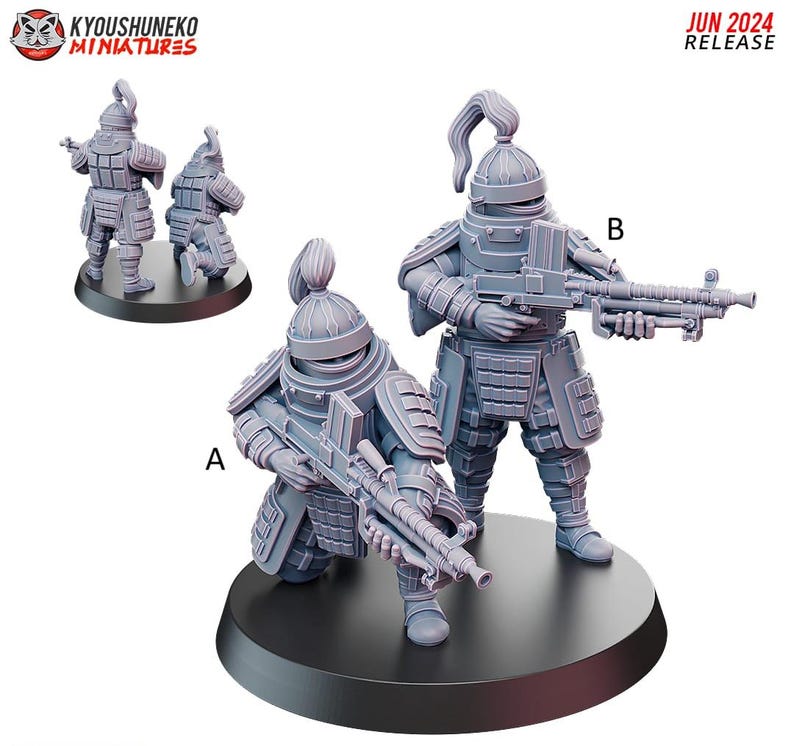 May include: Miniature figures of armored warriors with machine guns. The figures are gray and stand on a black base. The figures are labeled A and B. The text "JUN 2024 RELEASE" is in the upper right corner. The logo "KYOUSUNEKO MINIATURES" is in the upper left corner.