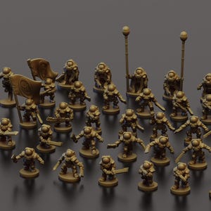 Könnte beinhalten: Eine Sammlung von 30 Miniaturfiguren, in Bronzefarbe bemalt, die Soldaten in futuristischer Rüstung darstellen. Die Figuren sind in Kampfformation aufgestellt, einige halten Waffen, andere tragen Flaggen. Die Figuren stehen auf einer grauen Oberfläche.