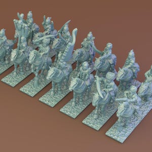 May include: A collection of light blue miniature figurines of mounted soldiers. The figures are riding horses and are equipped with weapons and armour. Each soldier is mounted on an individual base, creating a diorama effect.