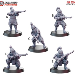 May include: Five miniature figures of armored warriors, each posed differently and holding a rifle. The figures are gray and stand on black circular bases. The text "JUN 2024 RELEASE" is in the upper right corner, and the logo "KYOUSYUNEKO MINIATURES" is in the upper left.