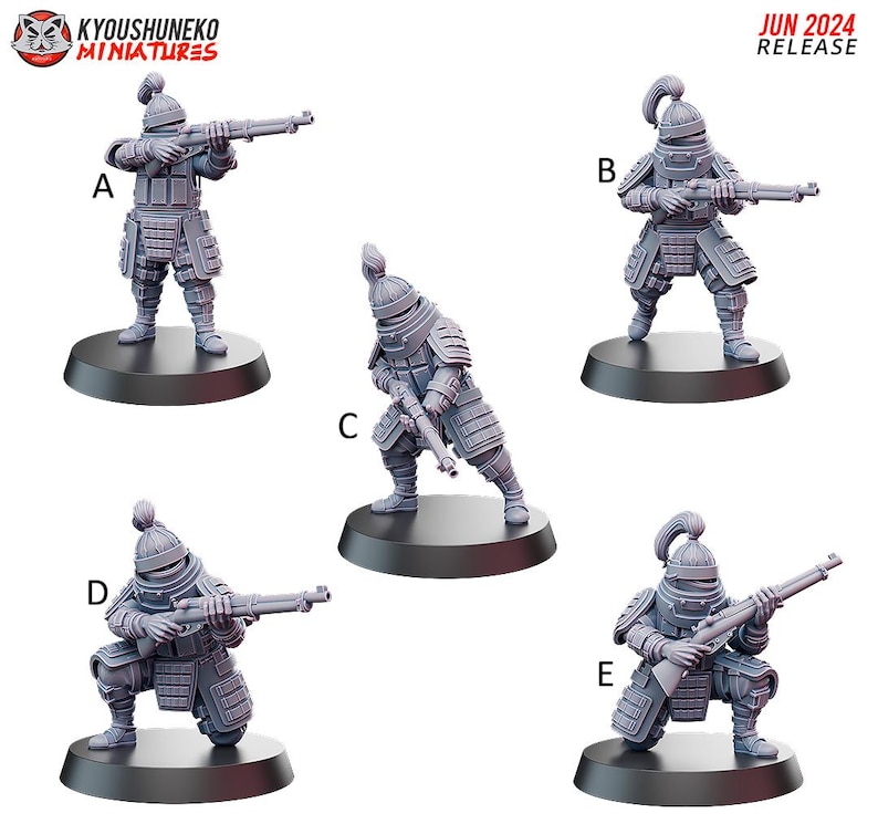 May include: Five miniature figures of armored warriors, each posed differently and holding a rifle. The figures are gray and stand on black circular bases. The text "JUN 2024 RELEASE" is in the upper right corner, and the logo "KYOUSYUNEKO MINIATURES" is in the upper left.