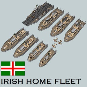 Puede incluir: Una ilustración digital de una flota de barcos, incluyendo un portaaviones, acorazados y destructores. Los barcos están pintados en un color marrón claro con detalles en marrón oscuro. Los barcos están dispuestos en línea, con el portaaviones en la parte delantera y los destructores en la parte trasera. La imagen está titulada "IRISH HOME FLEET" y presenta una bandera verde y blanca con una cruz.