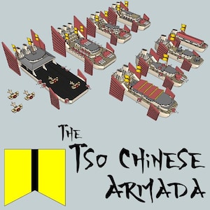 Puede incluir: Una ilustración digital de una flota de barcos de guerra chinos rojos y amarillos con el texto "The Tso Chinese Armada" debajo. Los barcos tienen velas rojas y están decorados con detalles amarillos. Los barcos están rodeados de un fondo gris.
