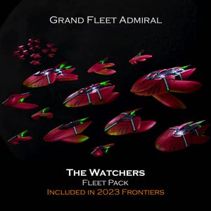 Puede incluir: Ilustración digital de una flota de naves espaciales futuristas rojas y verdes sobre un fondo negro. El texto "GRAND FLEET ADMIRAL" está en la parte superior y "THE WATCHERS FLEET PACK INCLUDED IN 2023 FRONTIERS" en la parte inferior.
