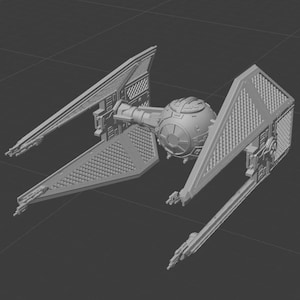 May include: A grey, 3D-printed model of a TIE fighter spacecraft. The model features a central spherical cockpit, two solar panel wings with detailed grid patterns, and connecting struts. The spacecraft is a detailed replica of the iconic vehicle.