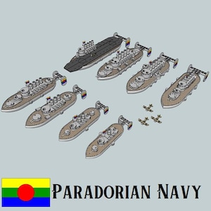 Puede incluir: Un conjunto de barcos de juguete, que incluye un portaaviones, acorazados y aviones de combate, con el texto "PARADORIAN NAVY" en la parte inferior. Los barcos están pintados en una variedad de colores, incluyendo gris, blanco y marrón.