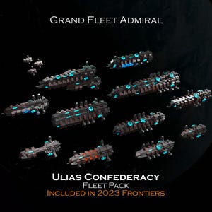 Puede incluir: Una colección de naves espaciales futuristas en tonos grises, marrones y azules, con el texto "GRAND FLEET ADMIRAL" y "ULIAS CONFEDERACY FLEET PACK INCLUDED IN 2023 FRONTIERS". Las naves varían en tamaño y diseño, sobre un fondo oscuro.